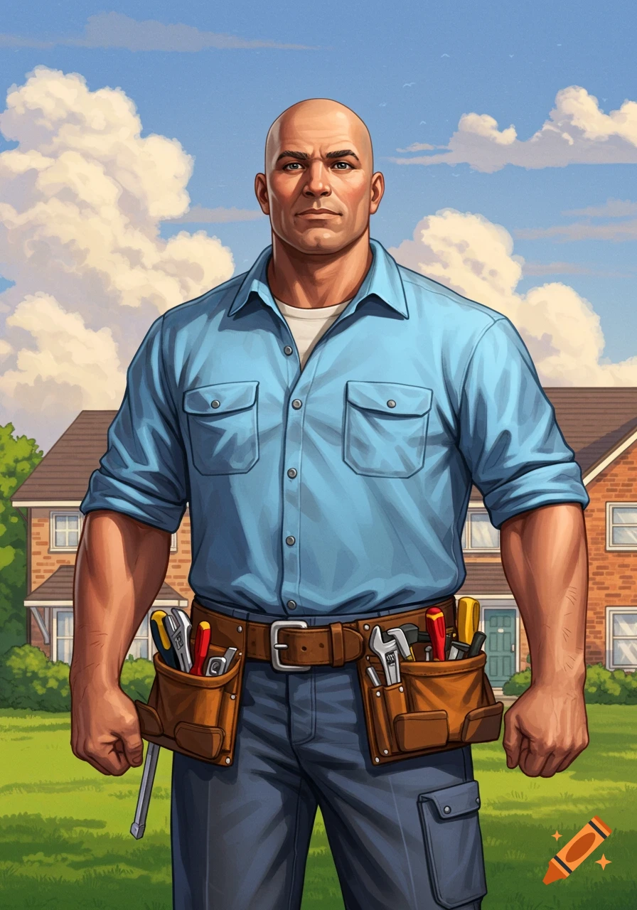 A bald, muscular handyman in a blue shirt, jeans, and tool belt stands in front of a house. Illustrated style.