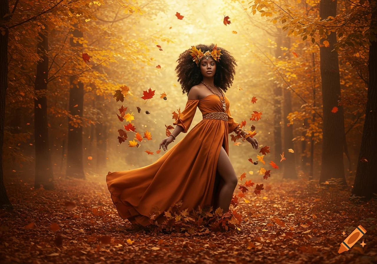 A Black woman in an orange dress stands in an autumn forest with falling leaves, sunlight filtering through trees.