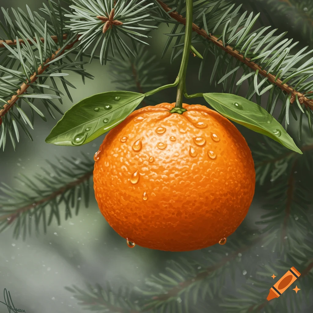 A vibrant orange tangerine covered in water droplets hangs from an evergreen tree branch.