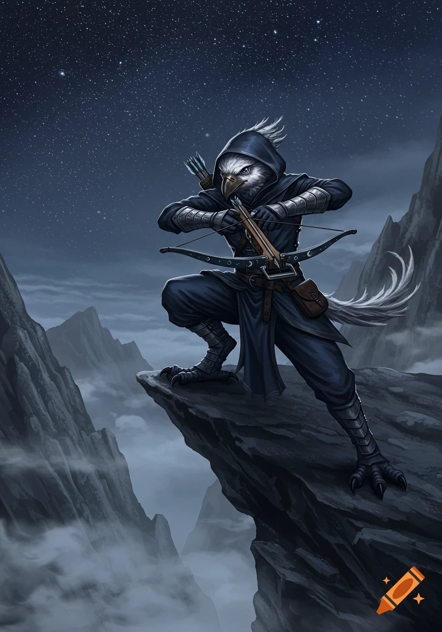 An anthropomorphic bird archer in dark robes crouches on a mountain peak, aiming a crossbow under a starry night sky.