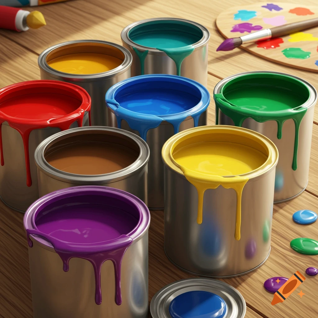 Multiple colorful paint cans with dripping paint on a wooden table, with an artist's palette and brush in the background. Photorealistic style.