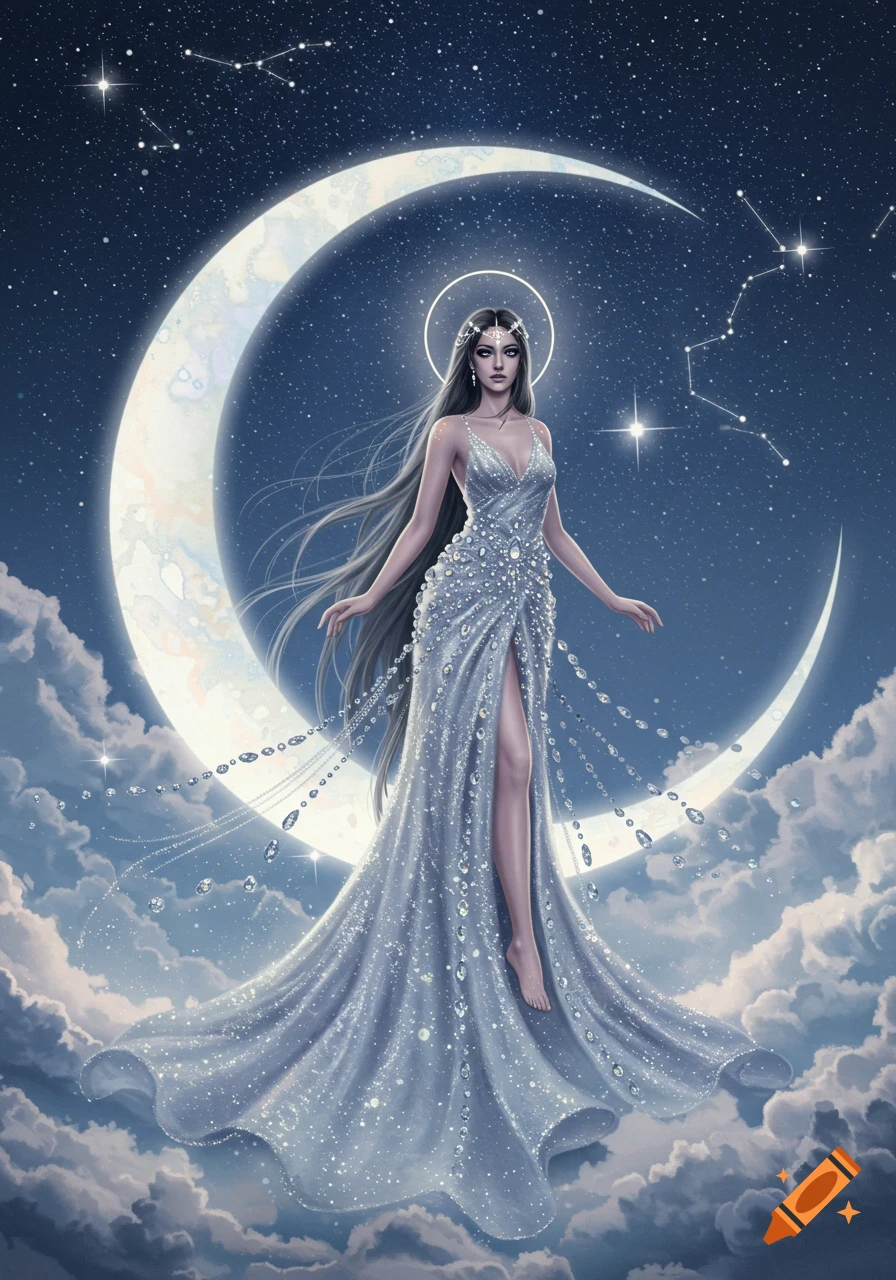 A goddess with long hair and a shimmering dress stands on clouds before a crescent moon and starry night sky, digital art.