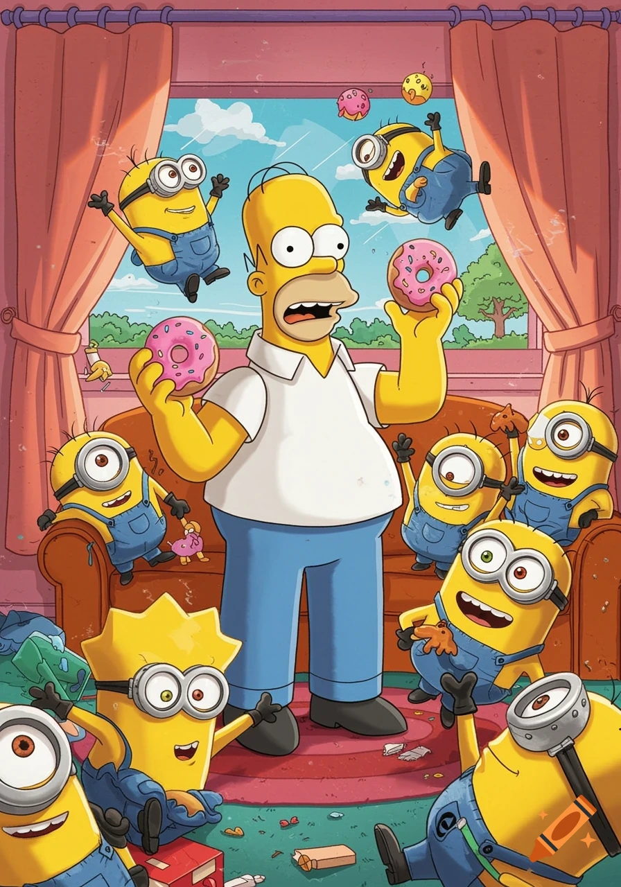 Homer Simpson looks surprised surrounded by many Minions, holding donuts, in a cluttered living room in a cartoon style.