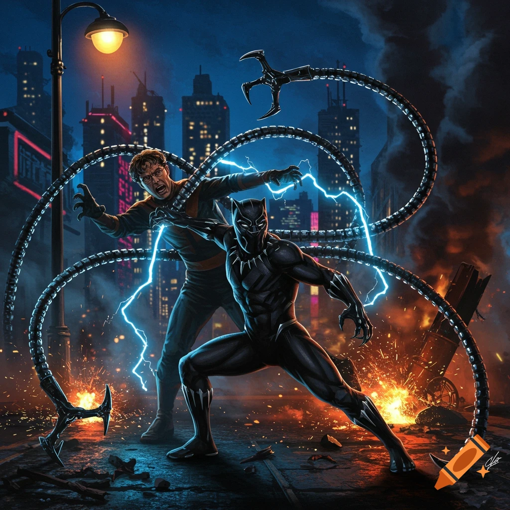 Black Panther and Doctor Octopus battle on a city street at night amidst electric sparks and explosions, in a dynamic comic art style.