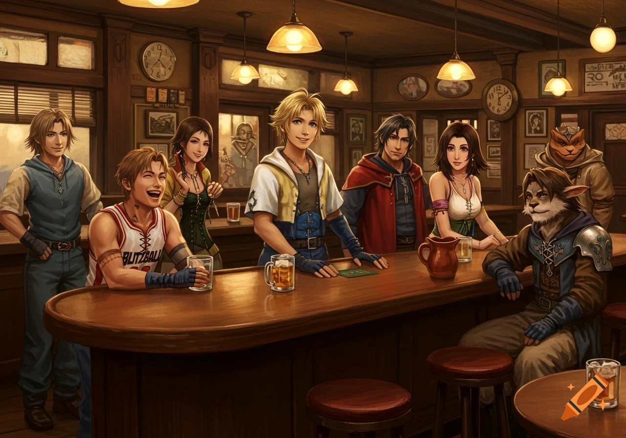 Characters from Final Fantasy X, including Tidus and Wakka, gathered around a wooden bar in a cozy pub, rendered in a detailed digital painting.