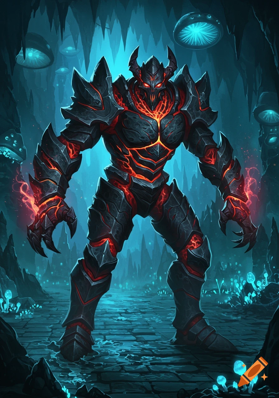A large, armored fantasy monster with glowing red cracks like lava stands in a dark cave illuminated by blue bioluminescent mushrooms.