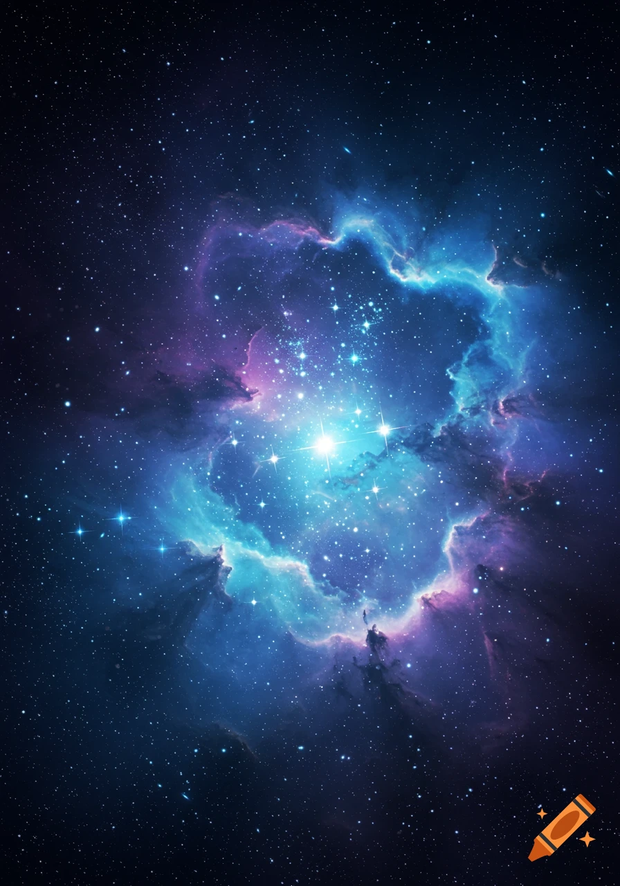 A vivid nebula with swirling blue and purple gas clouds and many bright stars.