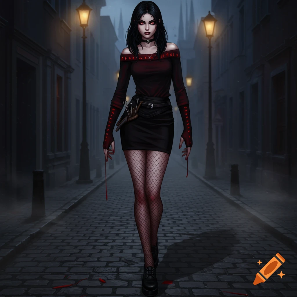 An illustration of a dark-haired woman with red eyes and blood dripping from her fingers, wearing a red and black outfit, standing on a cobblestone street at night.