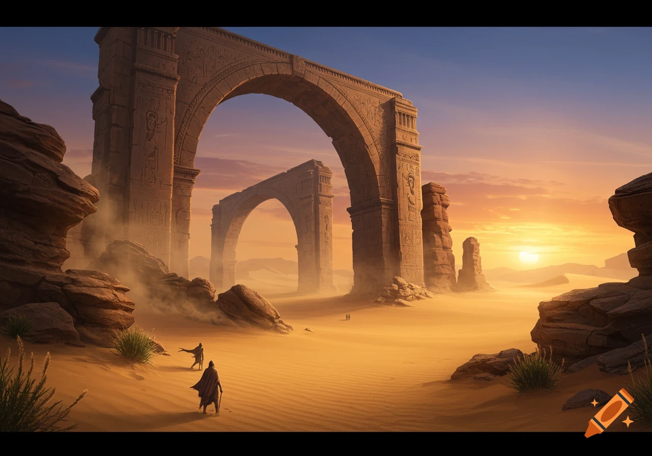 Two cloaked figures walk across a sandy desert under immense, crumbling stone arches at sunset, with dust haze.