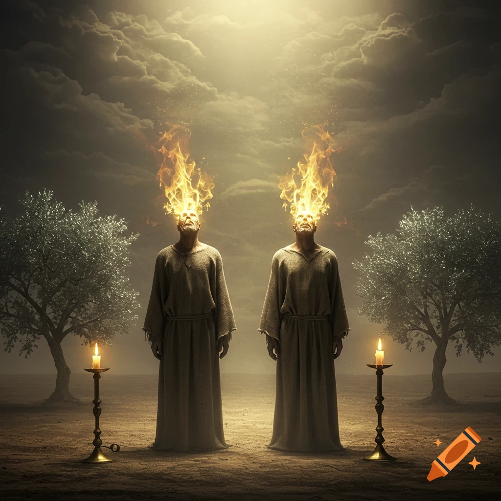 Two robed figures with flames on their heads stand between olive trees and lit candles in a barren landscape under a cloudy sky.
