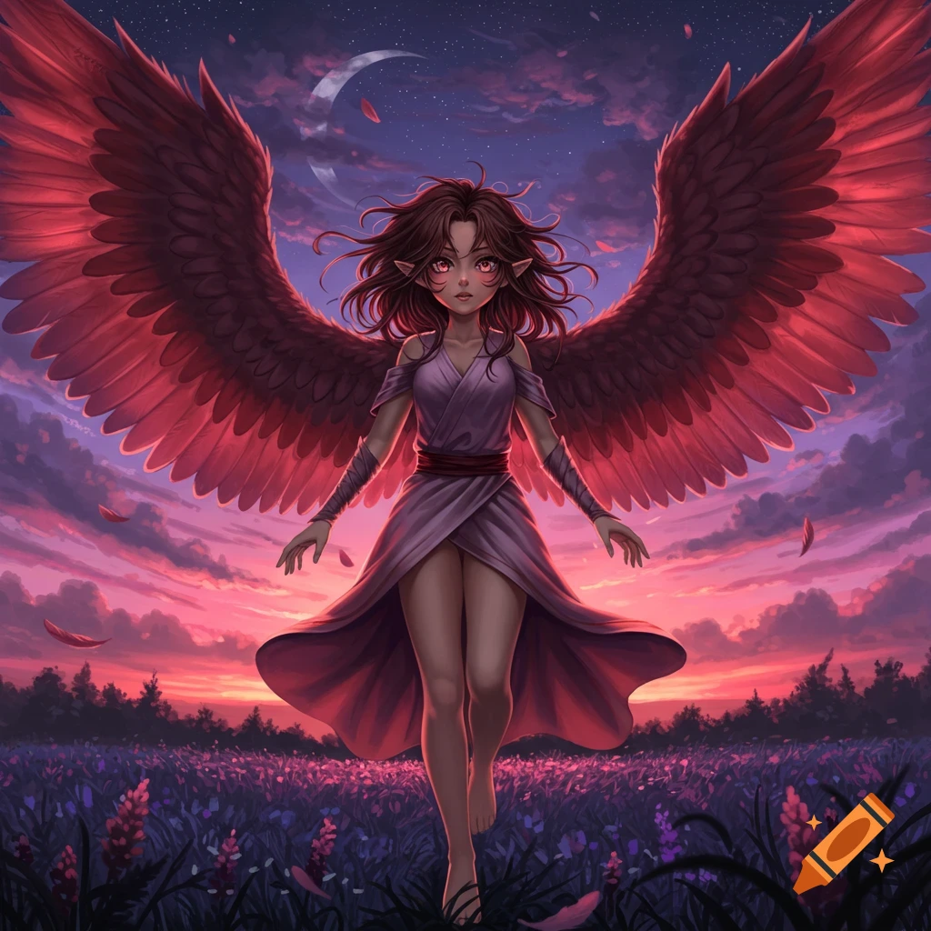 An anime harpy girl with brown hair and large red wings stands in a field of flowers under a purple and pink sunset sky.