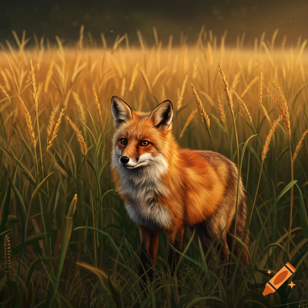 A red fox with white fur on its chest stands in a field of tall golden and green plants.