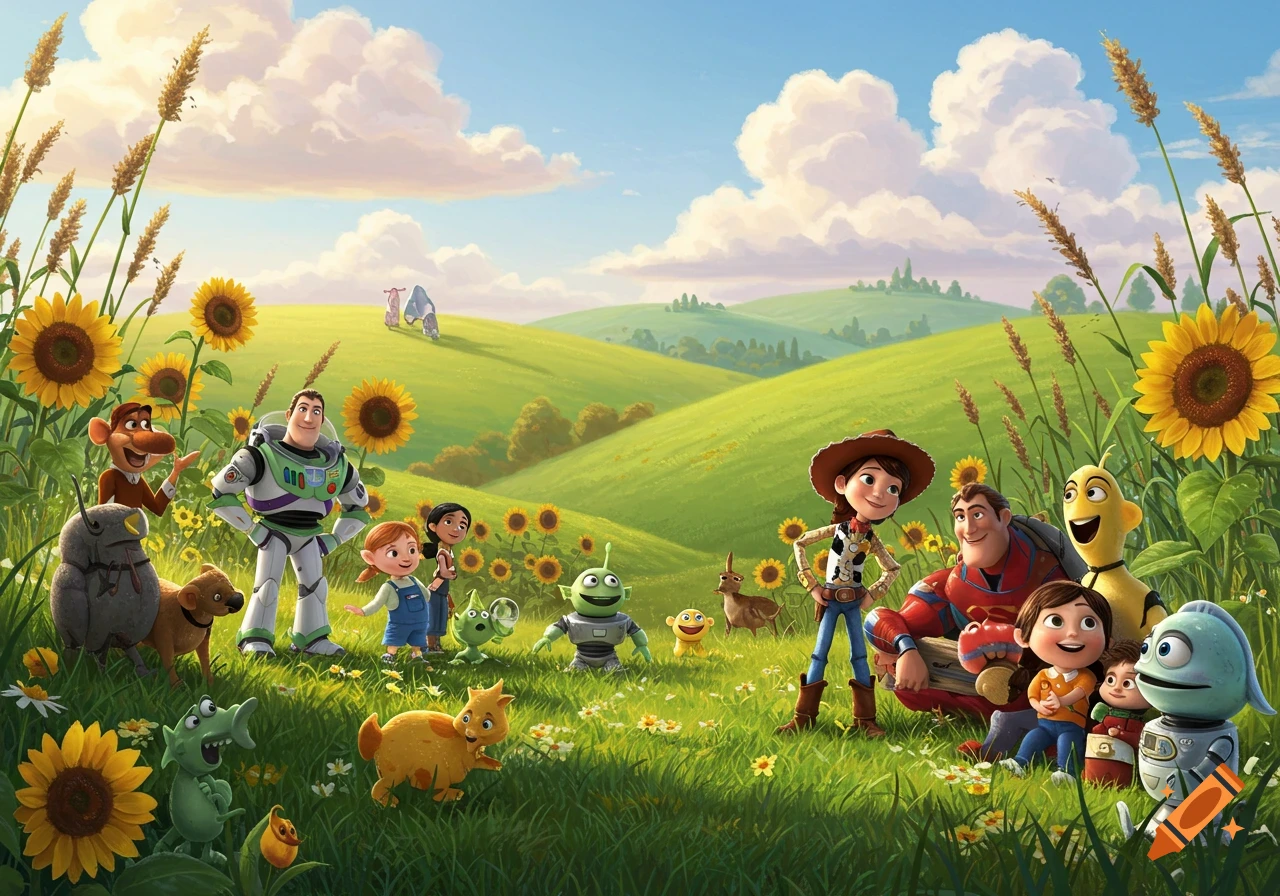 Diverse cartoon characters, including Buzz Lightyear, Jessie, and children, in a sunny green field with sunflowers, in a 3D animation style.