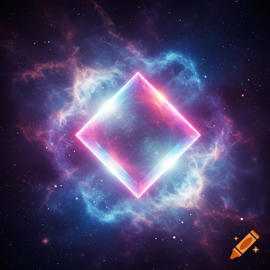 A radiant, colorful square glows brightly in a dark, starry cosmic nebula.