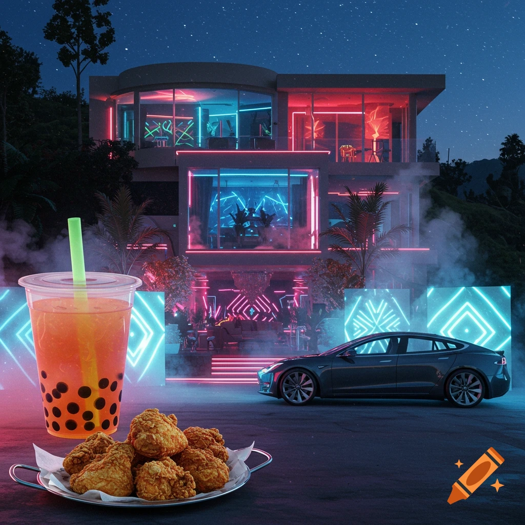 A boba tea and fried chicken in the foreground of a night scene with a grey Tesla and a neon-lit modern mansion.
