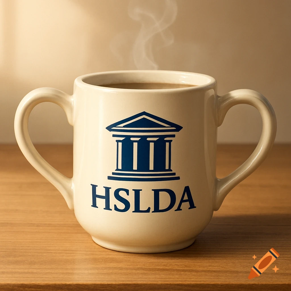 Photorealistic image of a white coffee mug with two handles, featuring a blue HSLDA logo and steaming hot coffee, on a wooden table.
