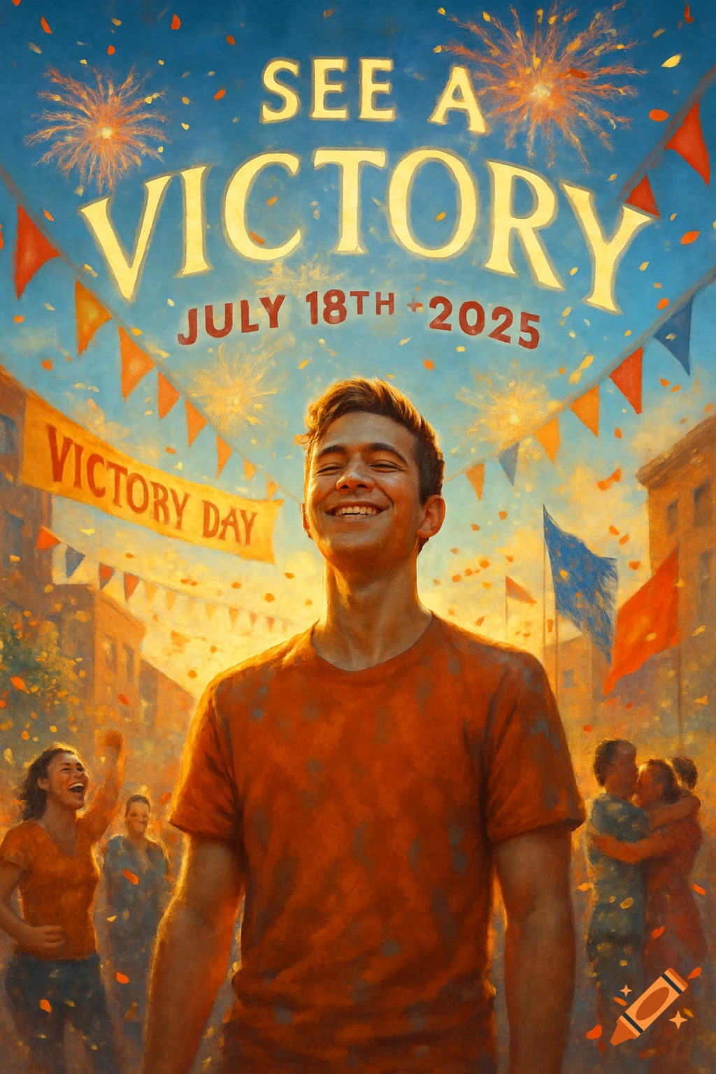A young man smiles with closed eyes, head tilted back, amidst a shower of confetti on a celebratory street with banners and fireworks. Text reads "SEE A VICTORY JULY 18TH 2025".