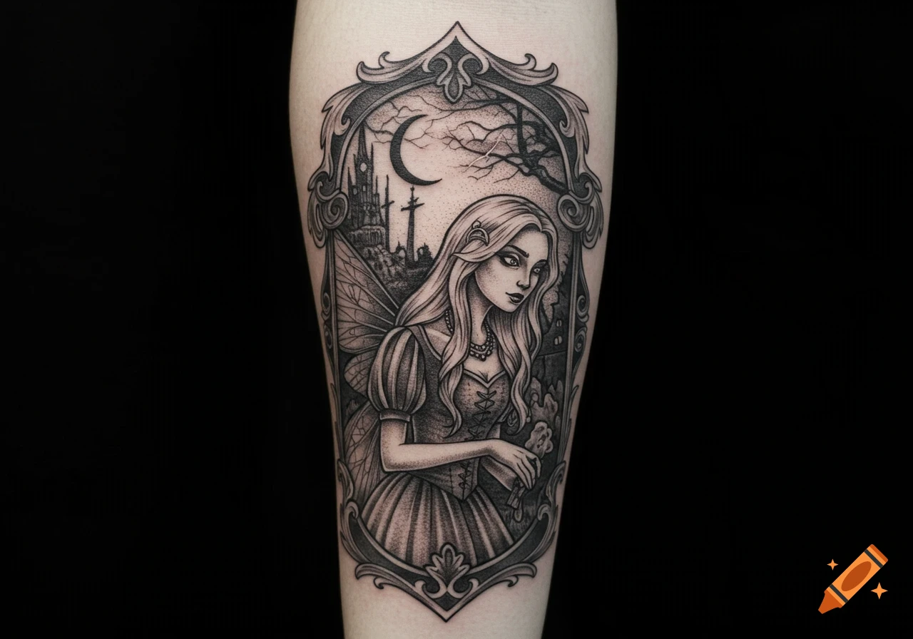Black and grey tattoo on an arm featuring a framed portrait of a winged woman in a gothic fairytale setting.