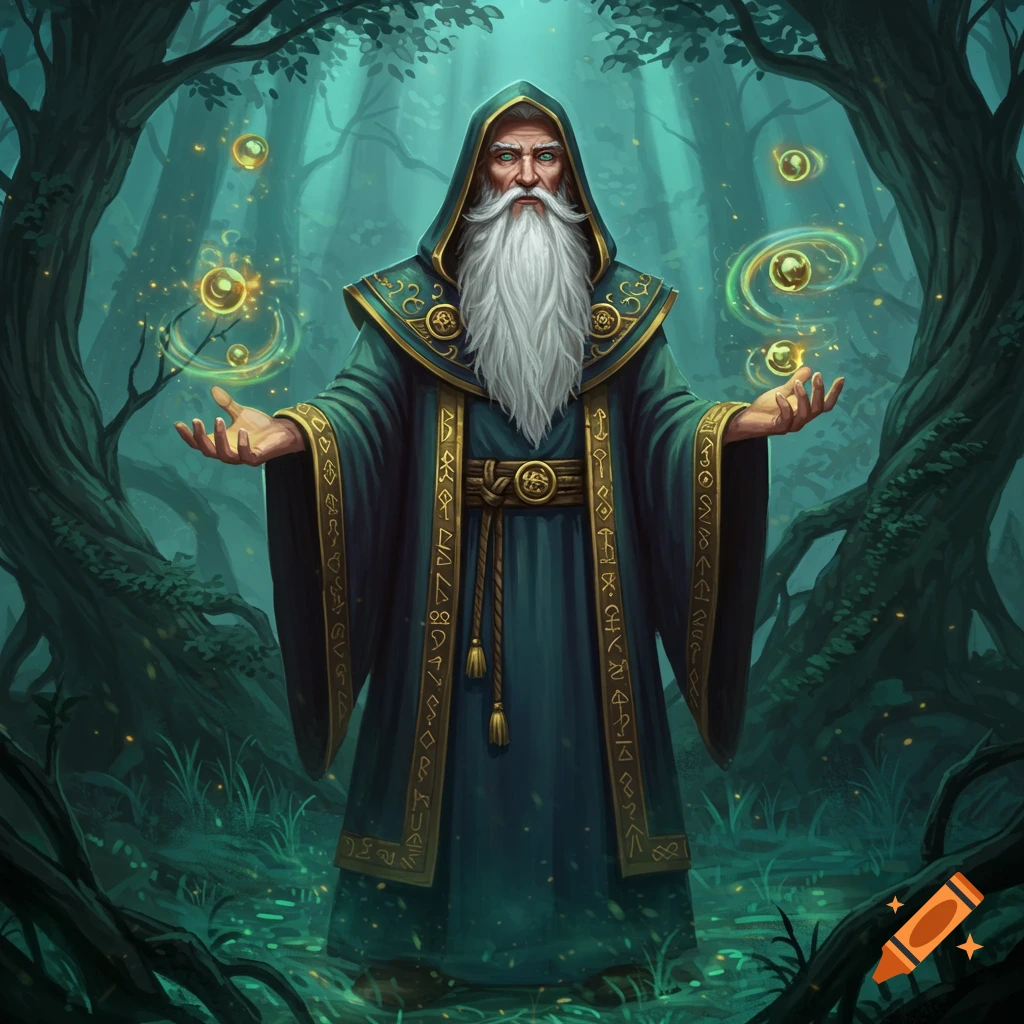 A wise wizard with a long white beard and a green robe stands in a mystical forest, casting spells with glowing golden orbs.