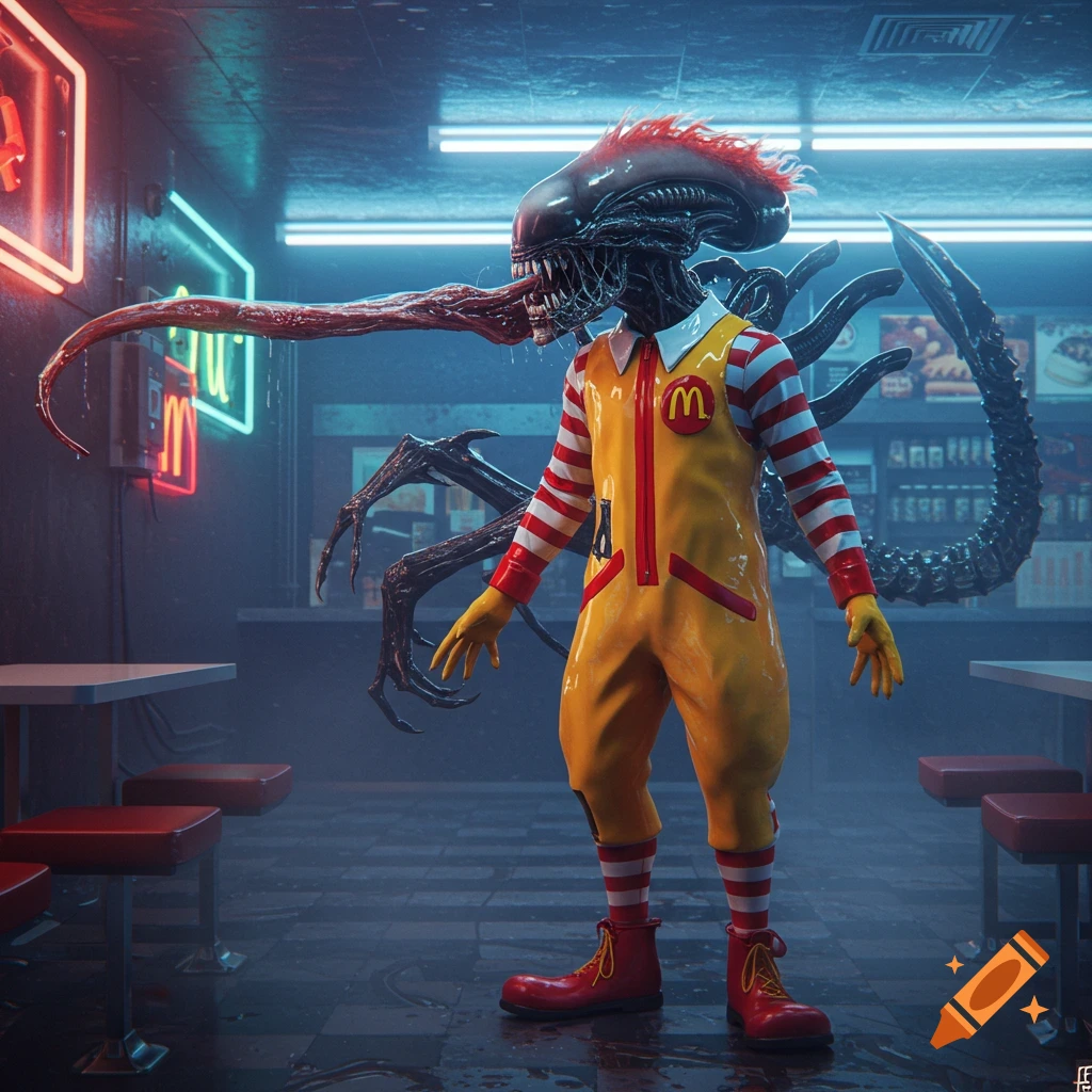 A creepy xenomorph creature in a Ronald McDonald clown suit with red hair and a long tongue stands in a dark, neon-lit McDonald's restaurant.