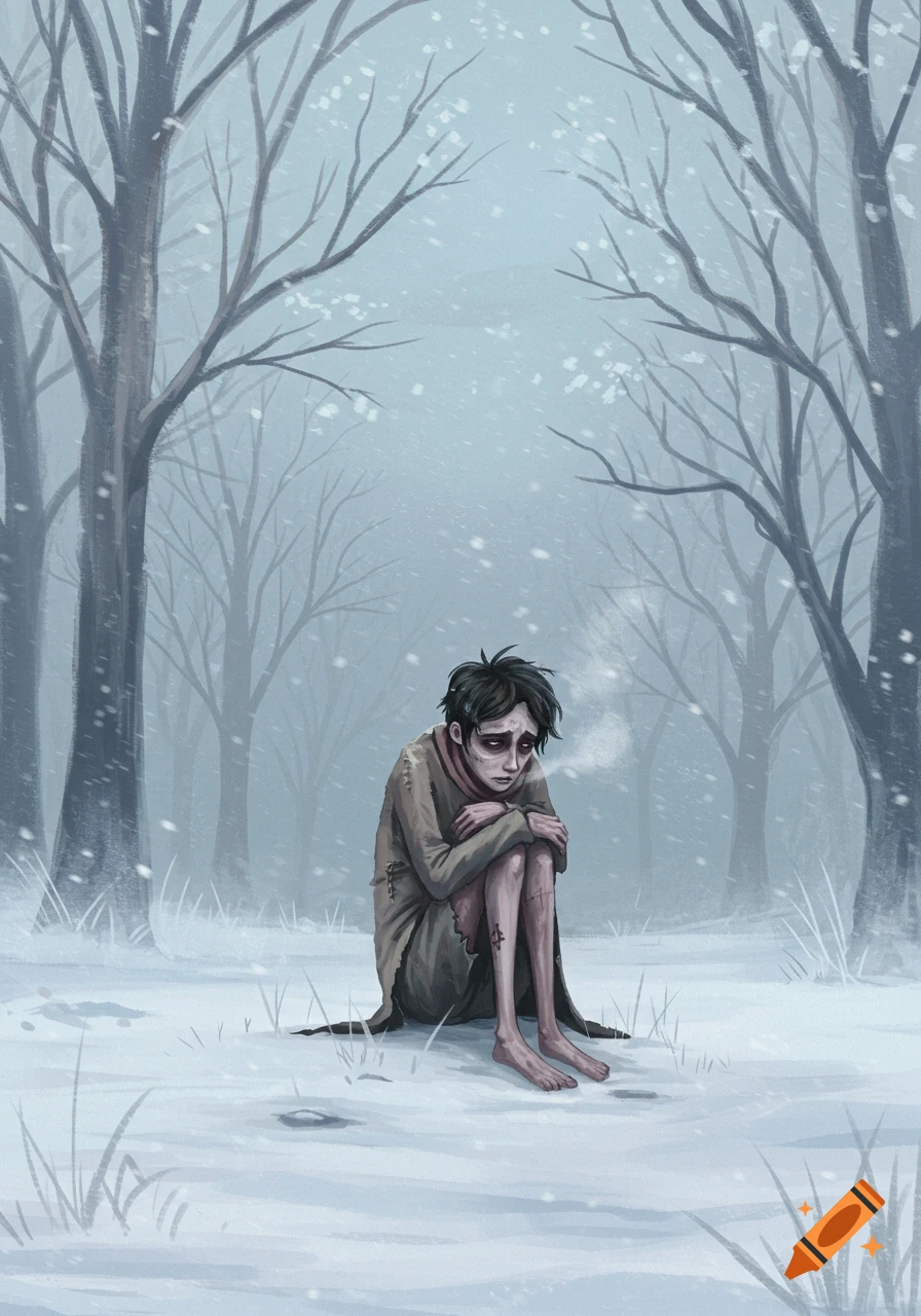 A sad, emaciated person huddled in a snowy, barren forest, exhaling cold breath. Illustrated in a somber, muted style.