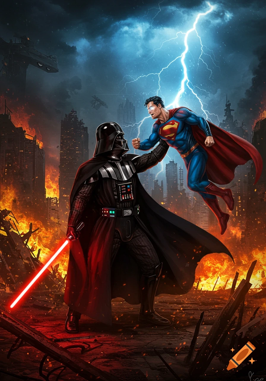 Darth Vader and Superman confront each other in a destroyed city with fire and lightning, in a dramatic comic book style.