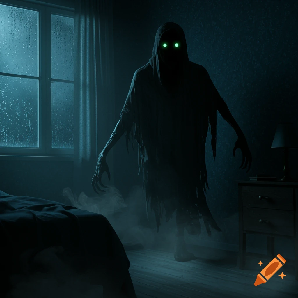 A dark, hooded demon with glowing green eyes stands in a dimly lit, foggy bedroom, with rain visible outside the window.