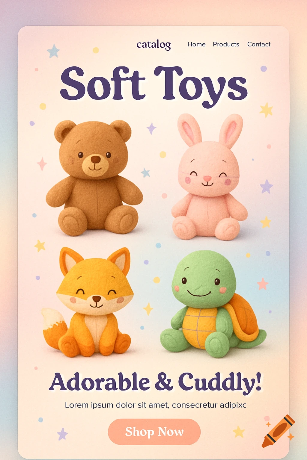 A catalog page for soft toys featuring illustrations of a brown bear, pink bunny, orange fox, and green turtle on a pastel background.
