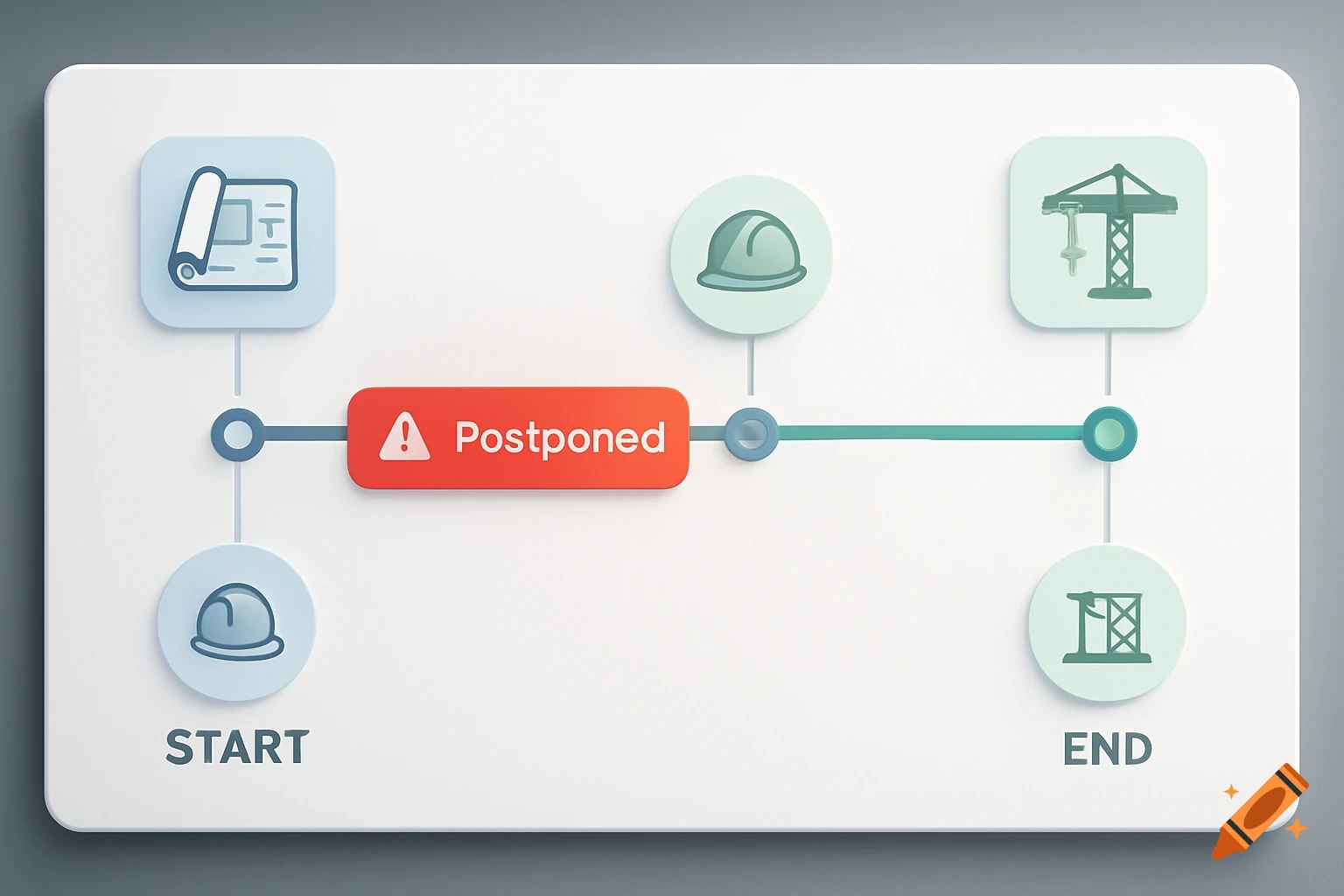 A modern construction project timeline infographic with a 'Postponed' section, 'START' and 'END' markers, and construction icons.