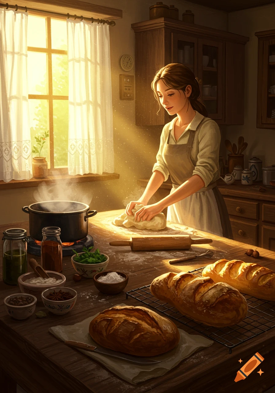 A woman in an apron kneads dough on a wooden table in a sunlit kitchen, with fresh bread and ingredients nearby.