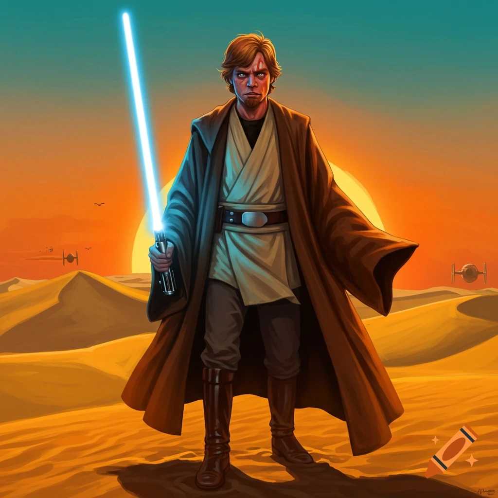 Illustration of Luke Skywalker holding a blue lightsaber in a desert at sunset.