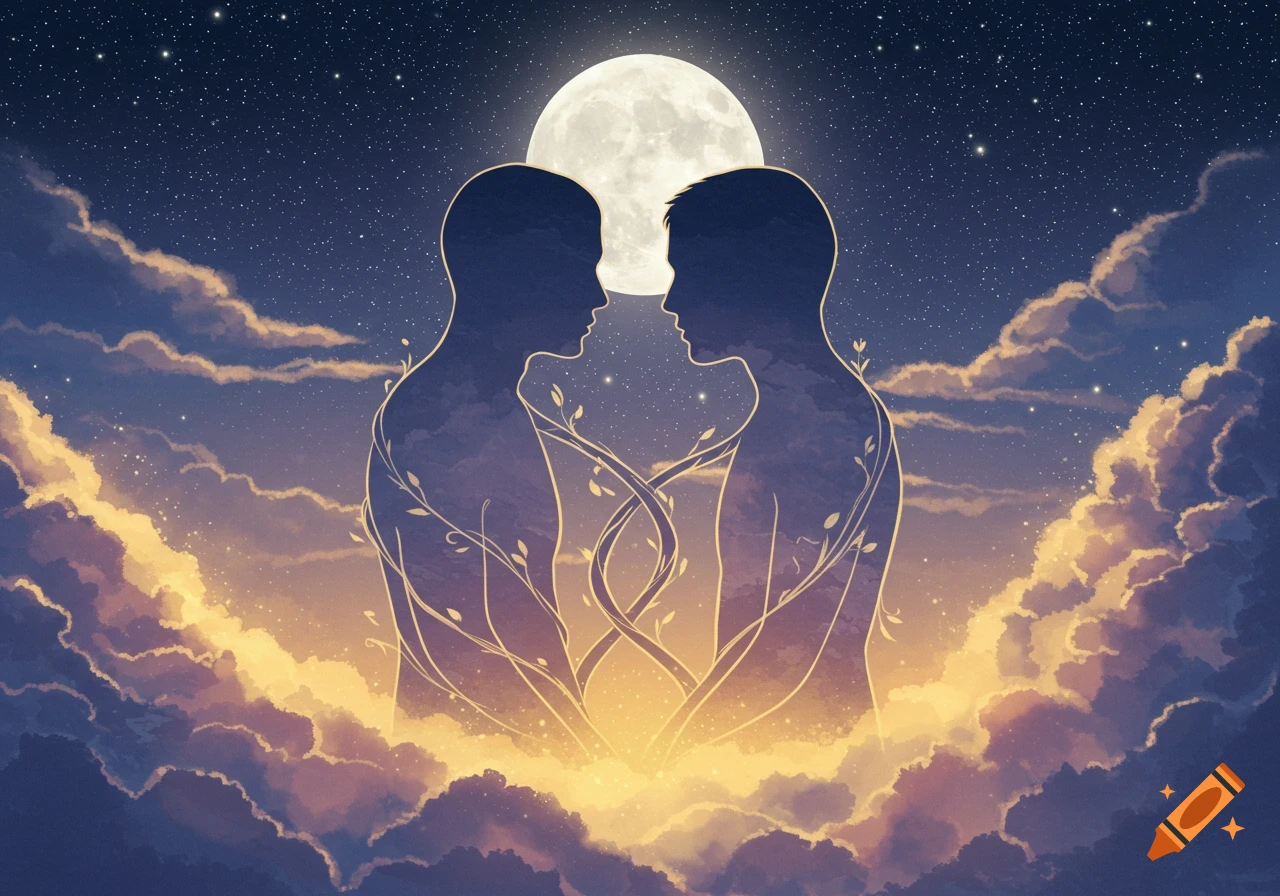 Two silhouetted figures entwined with glowing vines, facing each other under a full moon and starry sky with golden clouds.
