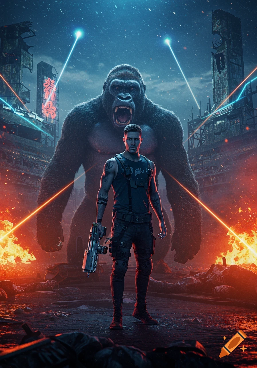 A man with a laser gun stands before a giant roaring gorilla in a ruined, fiery city with laser beams, photorealistic style.