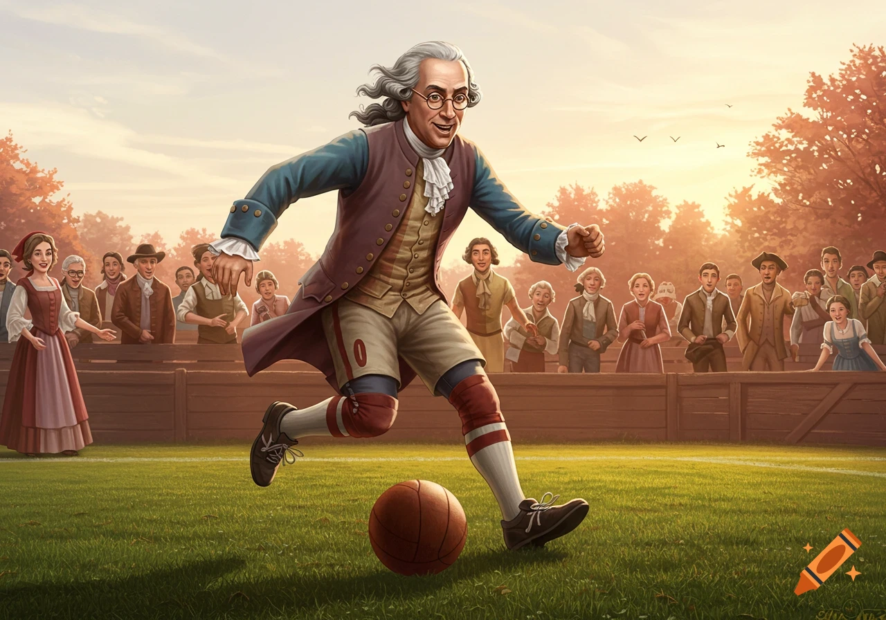 An illustration of Benjamin Franklin in historical attire kicking a soccer ball on a green field, with spectators in the background at sunset.
