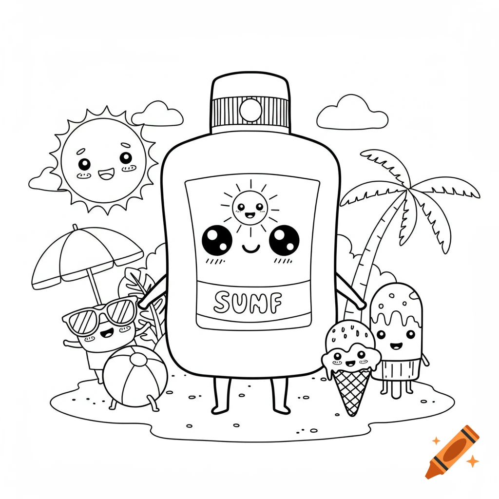 Black and white kawaii coloring page featuring a smiling sunscreen bottle on a beach with a sun, umbrella, beach ball, palm tree, and ice cream.
