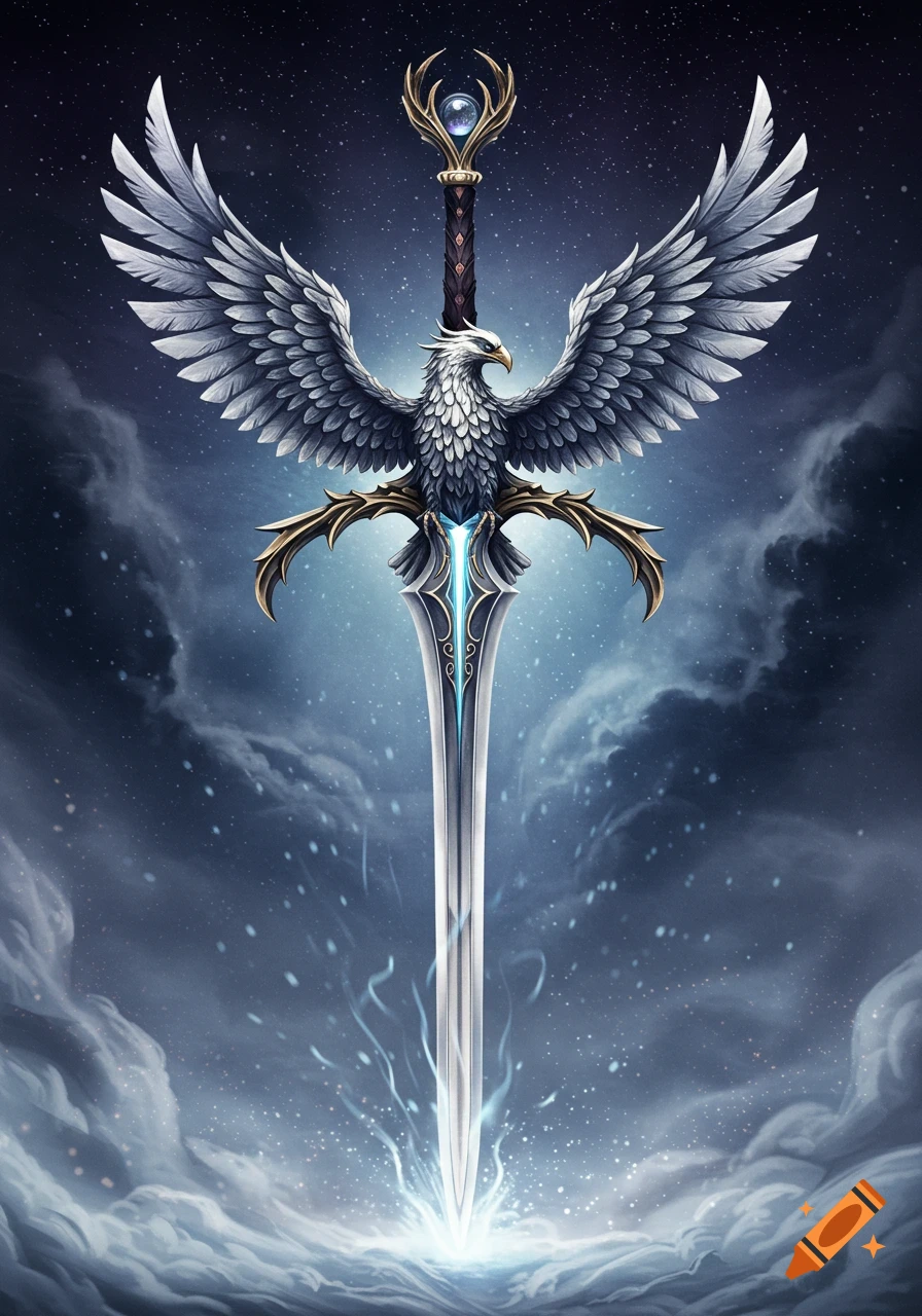A fantasy longsword with an eagle hilt and outstretched wings, glowing blade, in a dramatic starry and cloudy sky.
