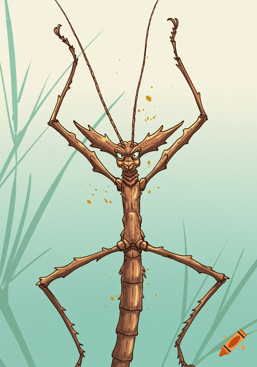 A cartoonish, disgruntled stick insect looms against a light blue background with stylized green plants, in a Japanese ink drawing style.