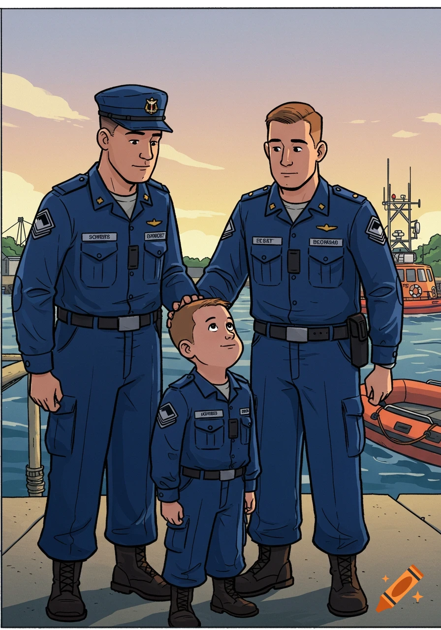 Cartoon illustration of two adult male Coast Guardsmen in blue uniforms with a young boy in a similar uniform at a dock with boats.