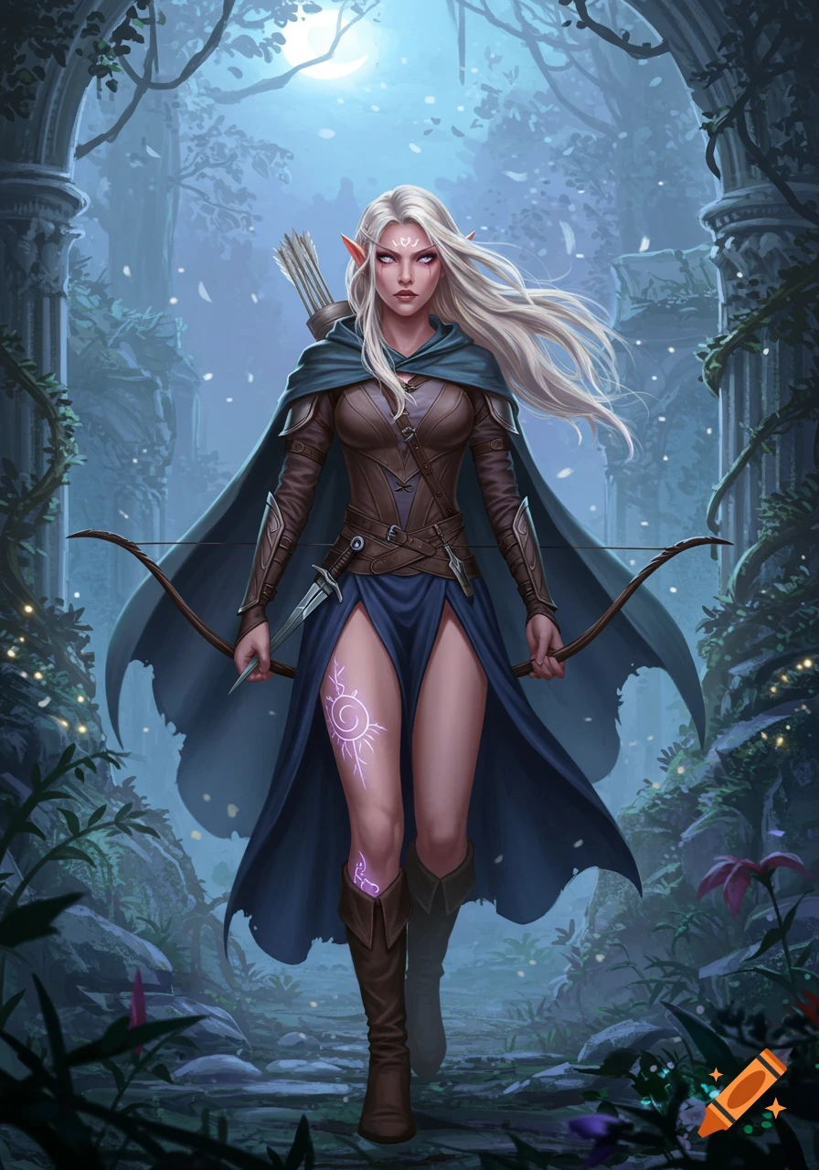 A fierce elven girl with long blonde hair, a blue cloak, and a bow walks through ancient ruins in a mystical, moonlit forest. Fantasy illustration.