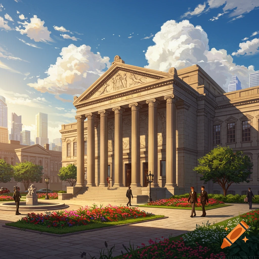 A grand classical stone building with columns, people, and flowerbeds under a blue sky. Cityscape in the background.