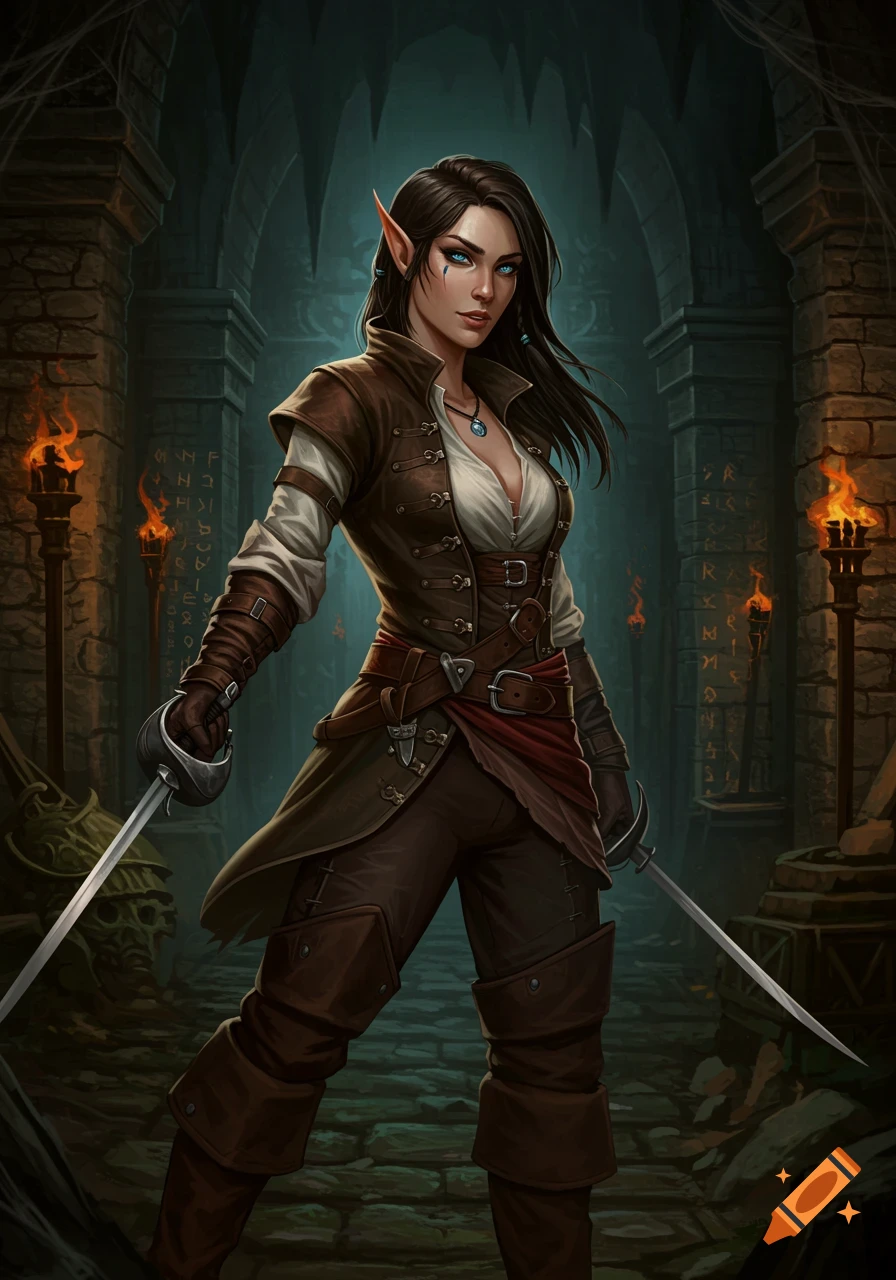 A high elf swashbuckler with long dark hair, blue eyes, and confident smirk stands in a dungeon, holding two rapiers. She wears brown leather pirate attire.
