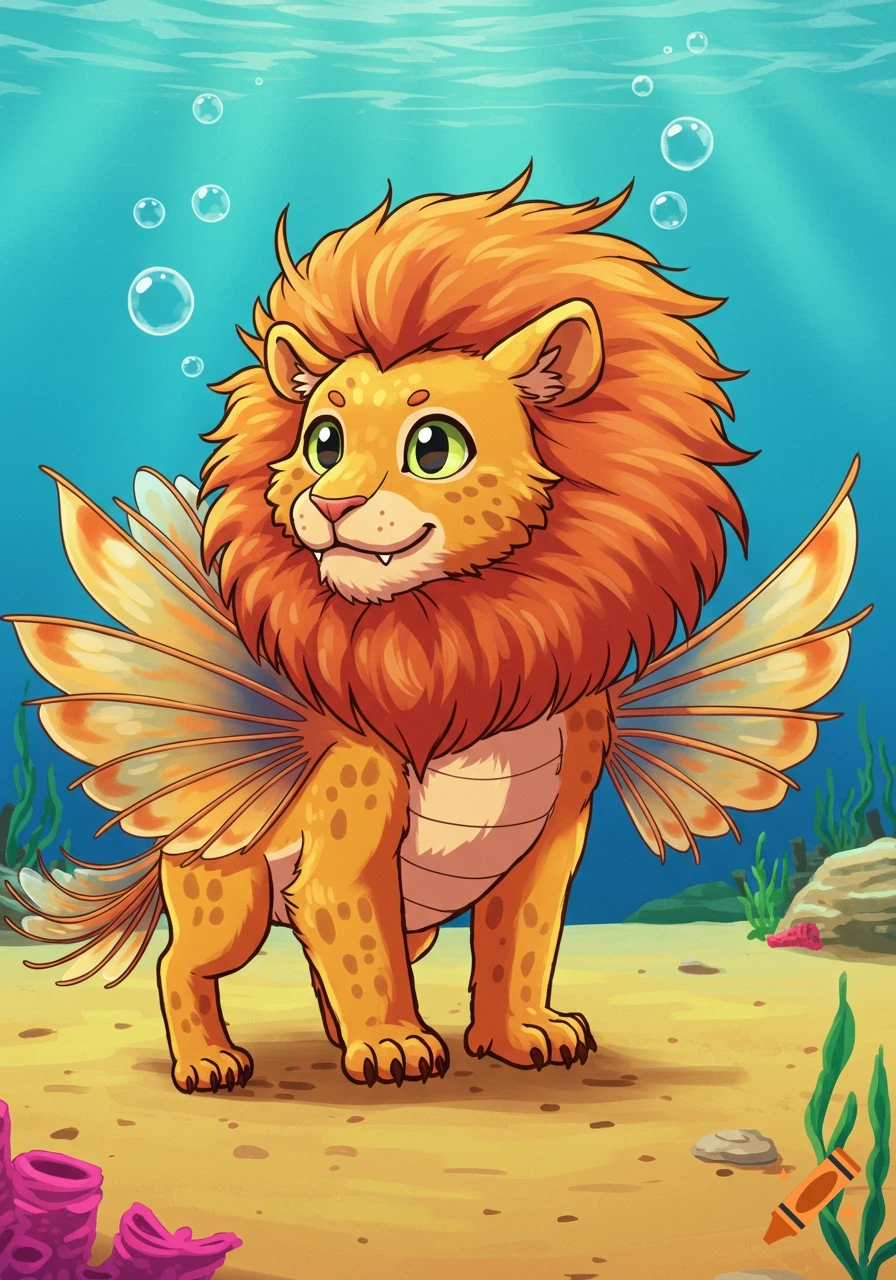 A cute cartoon lion-lionfish hybrid with a fluffy orange mane and green eyes stands on a sandy seabed.