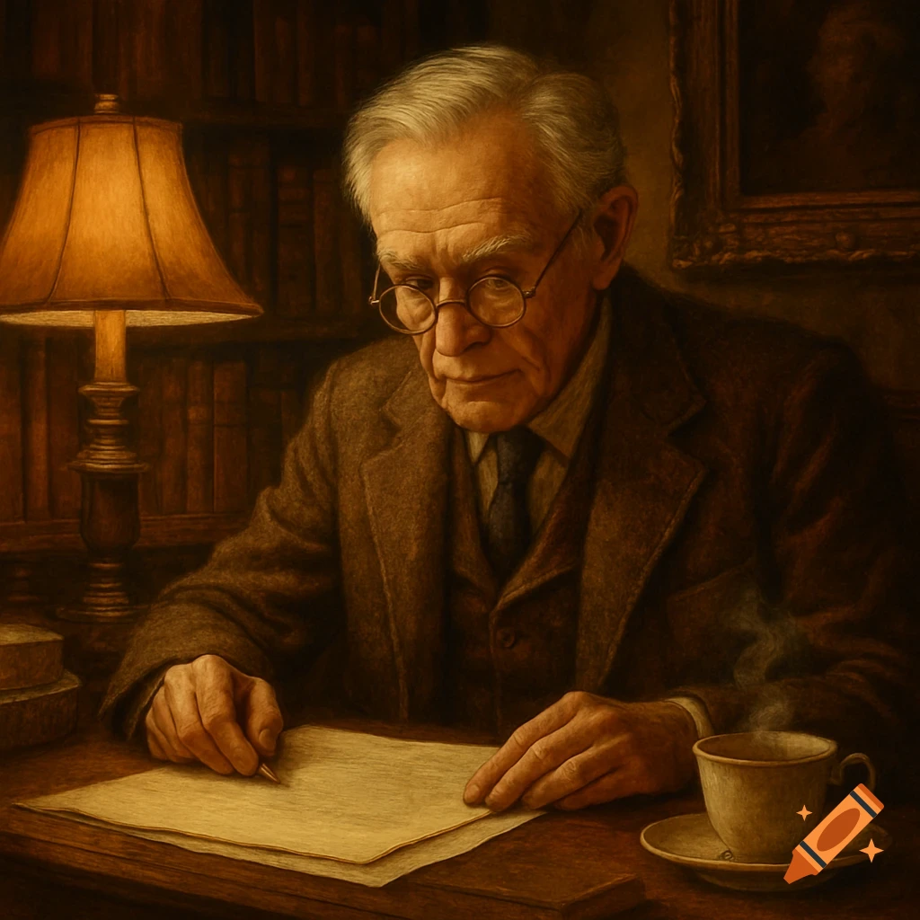 An old man with white hair and glasses writes at a desk illuminated by a lamp, with books and a steaming cup nearby.