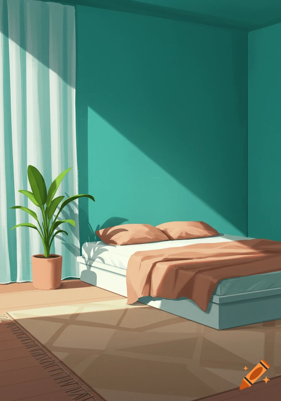 A stylized illustration of a bedroom with turquoise walls, a white bed with brown sheets, and a plant, lit by sunlight.