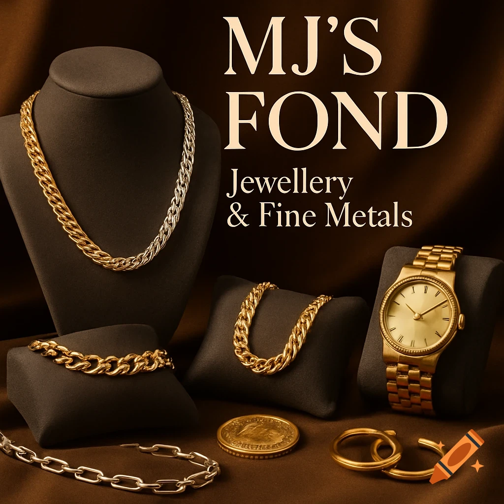 Gold and silver jewelry, including necklaces, bracelets, rings, a watch, and coins on dark velvet, with 'MJ'S FOND Jewellery & Fine Metals' text.