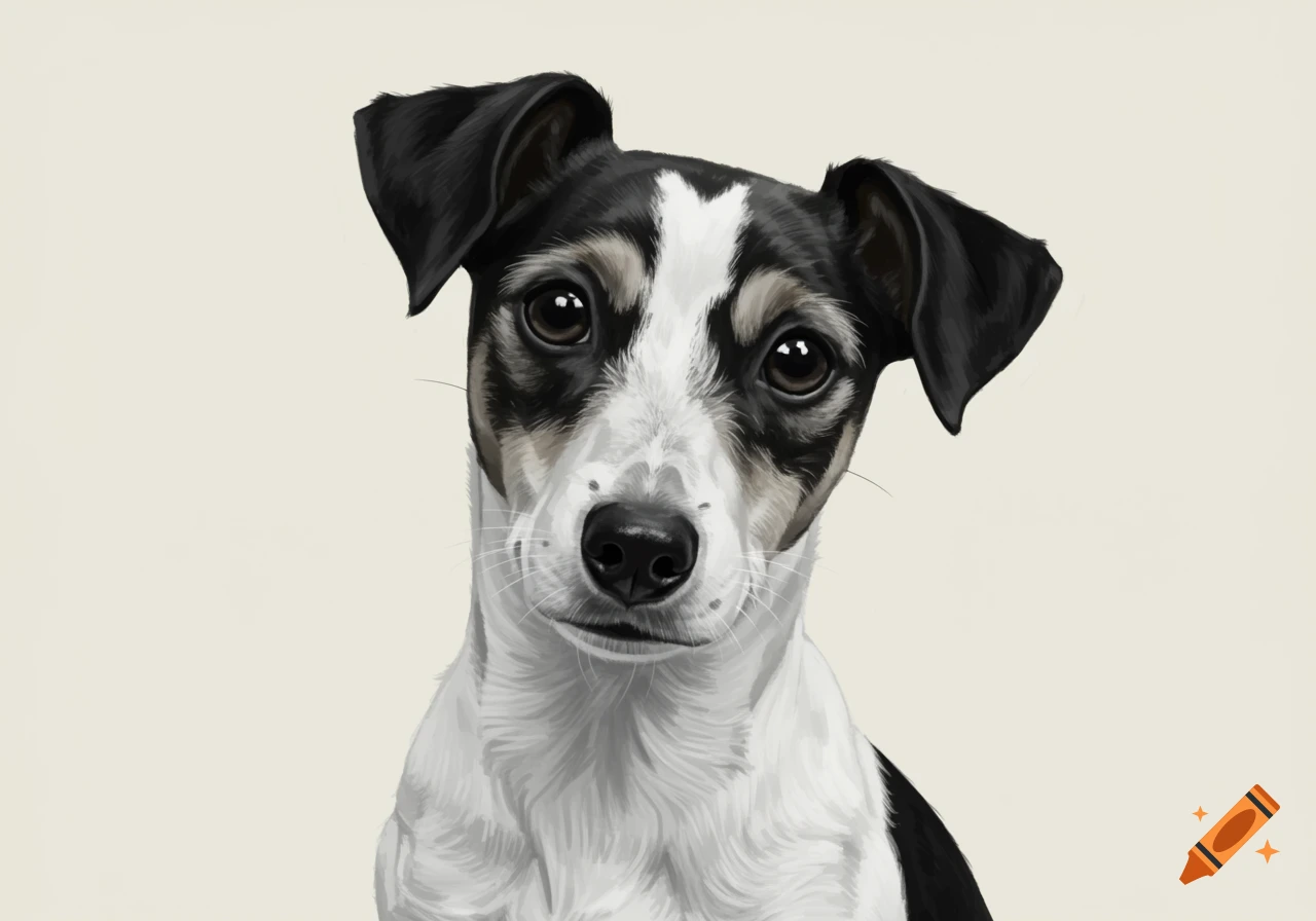 A realistic black and white terrier mix dog with floppy black ears and dark, expressive eyes looks at the camera with a curious expression.