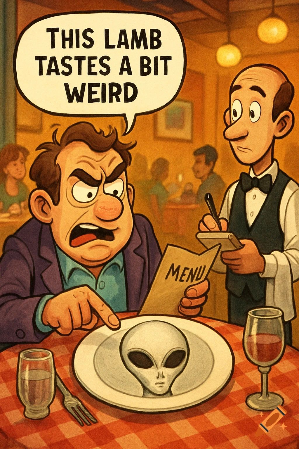 A cartoon man in a restaurant complains to a waiter about his food, an alien head on a plate, with a speech bubble saying "THIS LAMB TASTES A BIT WEIRD".