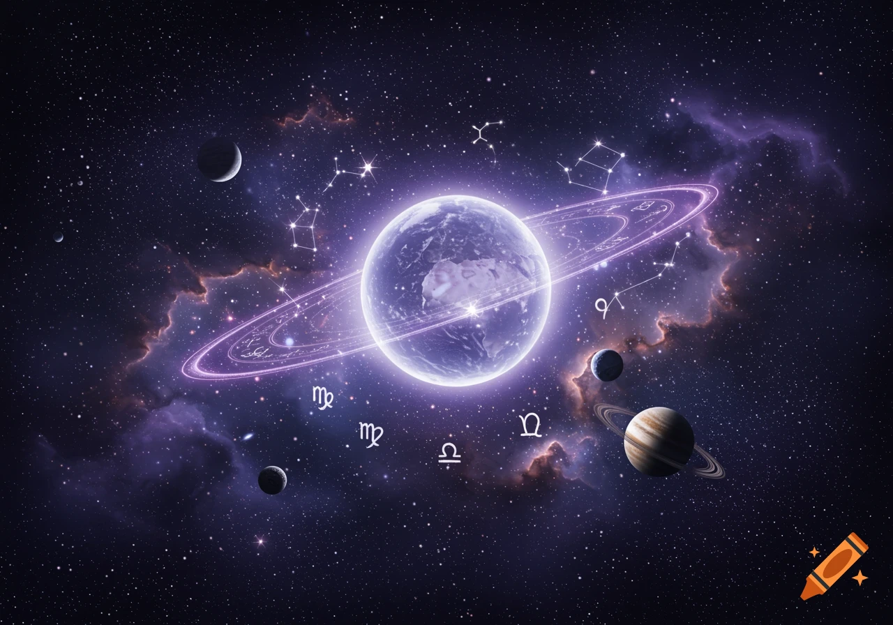 Vibrant depiction of a glowing planet with rings, astrological symbols, constellations, and other planets in deep purple space.