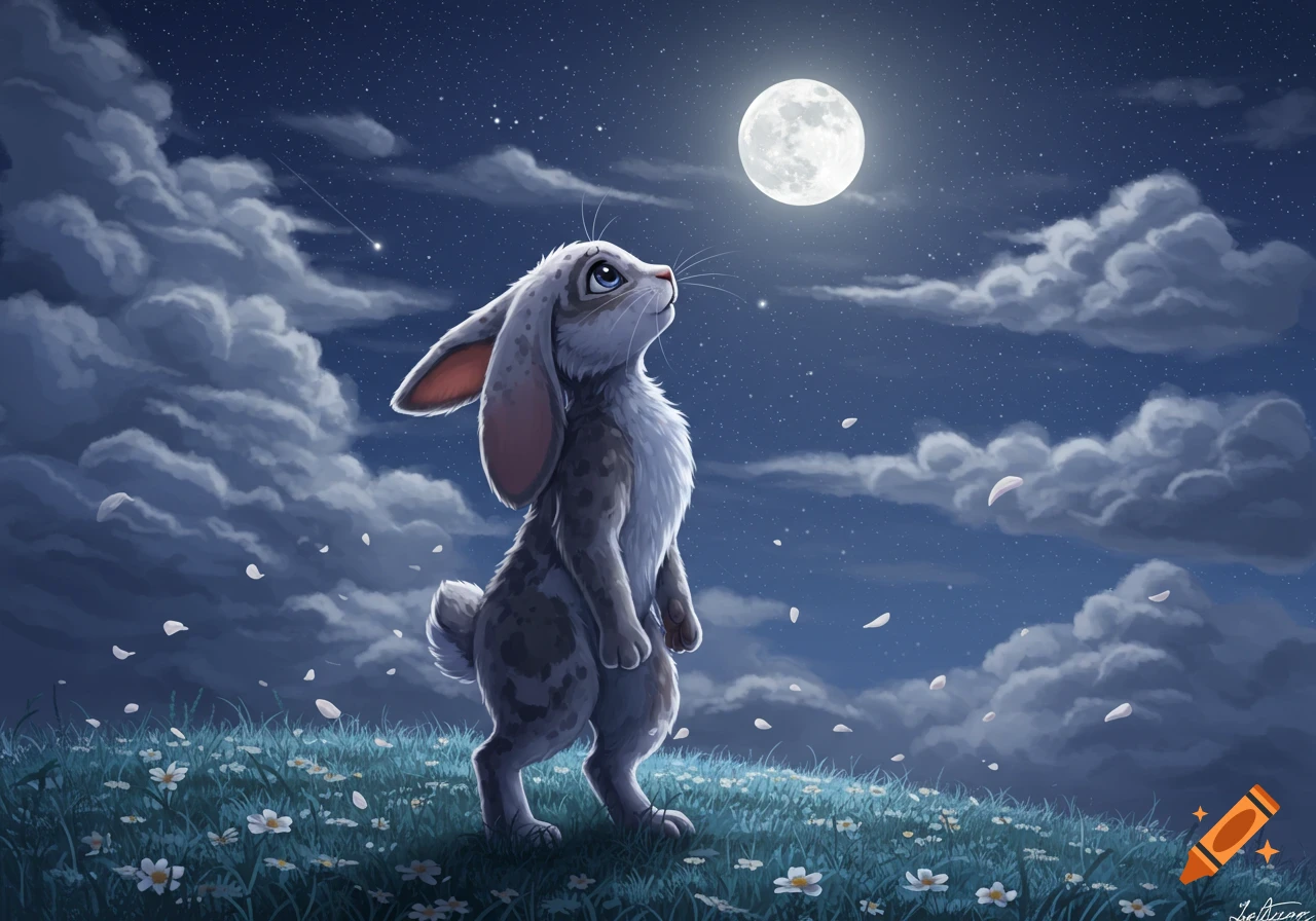 An illustrated lop-eared rabbit stands on a grassy hill filled with flowers, gazing up at a bright full moon in a starry night sky with clouds and a shooting star.