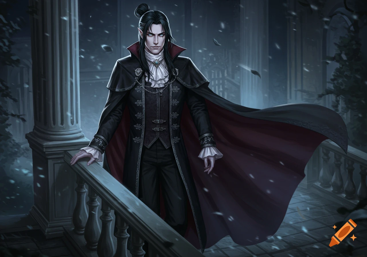 A tall, pale-skinned vampire with long black hair in a bun and blue eyes, wearing a black coat and red-lined cape, stands on a snowy balcony.